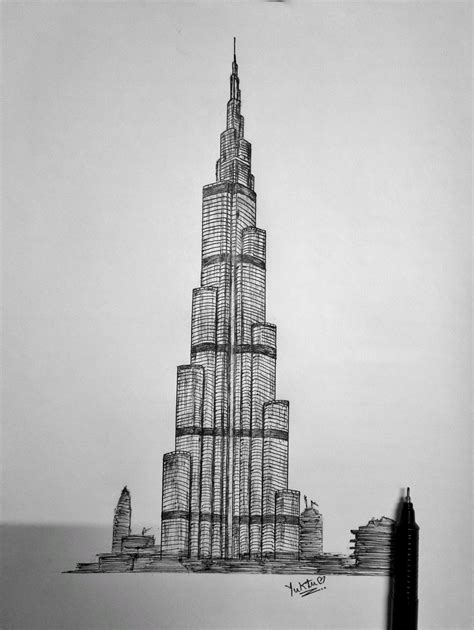 Burj Khalifa Dubai Pen Sketch Architecture Drawing Perspective