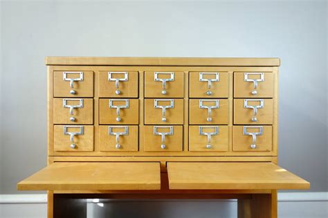 Vintage Library Card Catalog 15 Drawer W 2 Wooden Pullouts