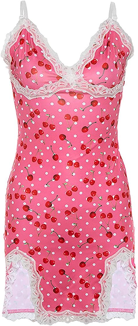Yahuipeius Y2k Lace Trim Floral Printing Party Cami Dresses E Girl Spaghetti Strap Dress Pink