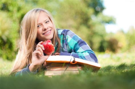 Student Girl With Apple And Books Stock Image Image Of Lying Healthy