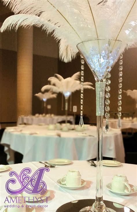 White Ostrich Feather Centerpiece With Martini Vase And Hanging Crystals