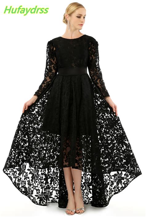 Designer Black Lace High Low With Long Sleeves Evening Dresses 2018