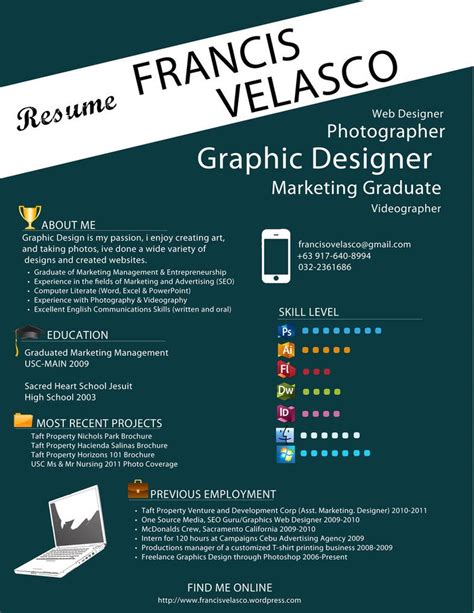 This free graphic designer resume sample is a bright illustration of what you'll get with our builder. eh...skill level section is kinda cool | CV | Pinterest ...