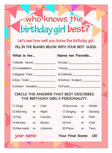 Who Knows The Birthday Girl Best Birthday Girl Games 20 Game Cards In 2022 Girls Birthday
