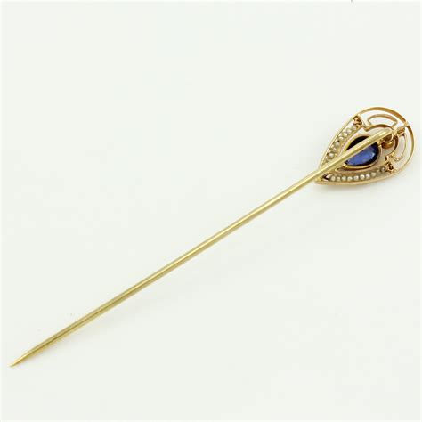 Edwardian 14k Stick Pin Created Sapphire Seed Pearls Yellow Gold Antique Cravat Pin Perfect