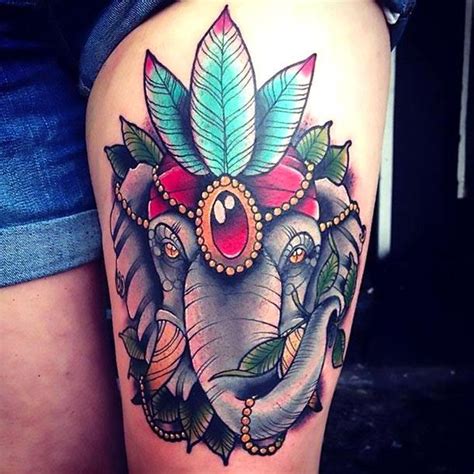 Beautiful Colorful Elephant Thigh Tattoo Idea