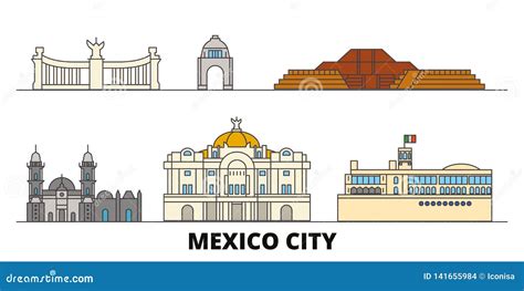 Mexico Mexico Flat Landmarks Vector Illustration Mexico Mexico Line