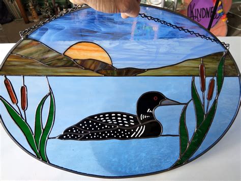 Loon On The Lake Large Stained Glass Panel Aquatic Bird Etsy