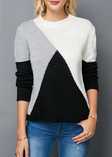 long sleeve round neck color block knitting sweater Полосатые свитера Модели вязаных свитеров