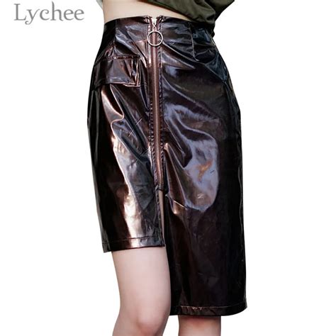 Lychee Harajuku Irregular Pu Women Skirt High Waist Metal Ring Zipper