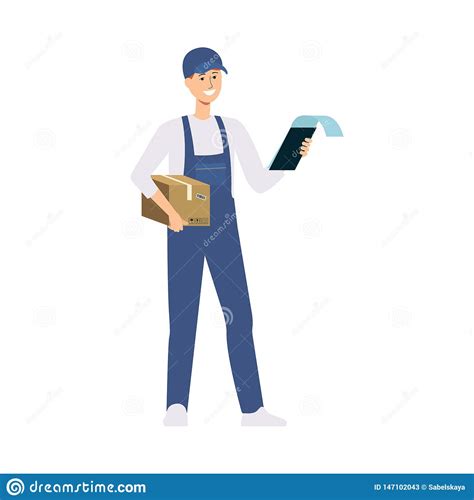 Delivery Man Or Courier With A Cardboard Box And Clipboard Vector
