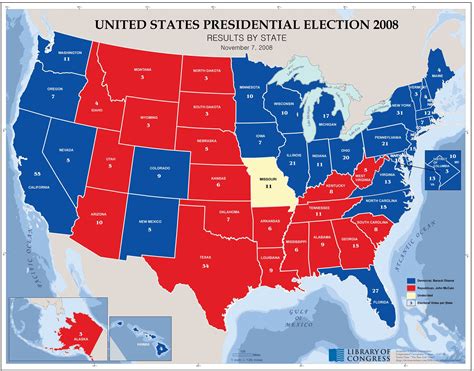 Race leads are based on raw vote counts, may change as more votes are counted, and are not predictive of the eventual winner. United States presidential election 2008, results by state, November 5, 2008. | Library of Congress