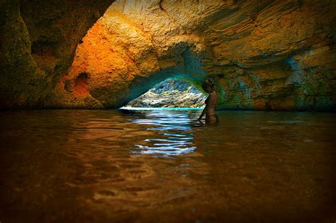 Royalty Free Photo Woman Standing On Water Inside Cave Pickpik