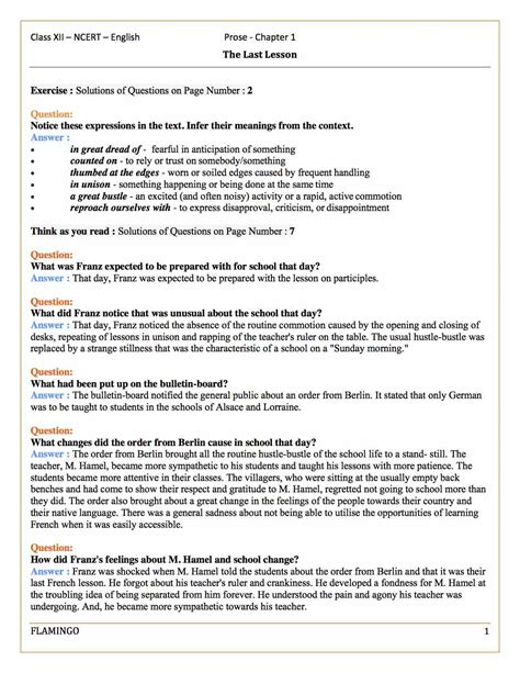 Ncert Solution For Class 12 English Flamingo Chapter 1 The Last Lesson