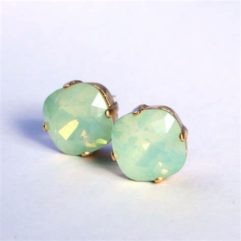 Mint Green Opal Crystal Stud Earrings Classic Sparkling Seafoam