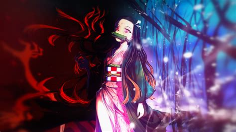 demon slayer nezuko kamado with background of red black and blue abstract hd anime wallpapers