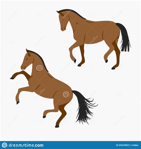 Cartoon Brown Horse Running And Standing On White Background Stock