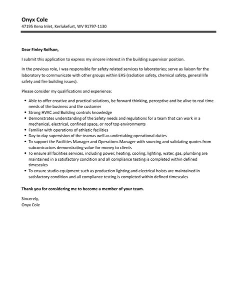 Building Supervisor Cover Letter Velvet Jobs