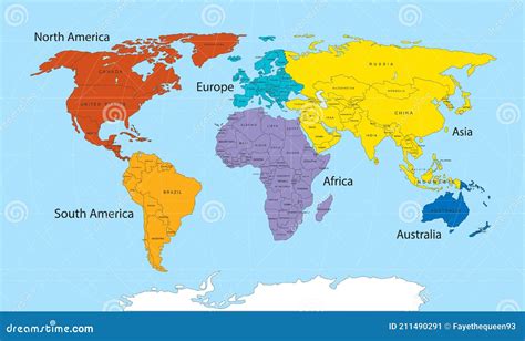 Mapa Del Mundo Dividido En Seis Continentes Cada Continente En Color