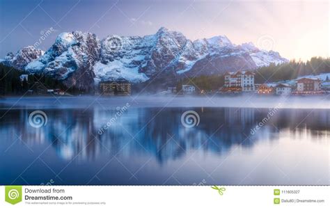 Misurina Lake On Dolomites Italian Alps Seen At Sunrise Sora Stock