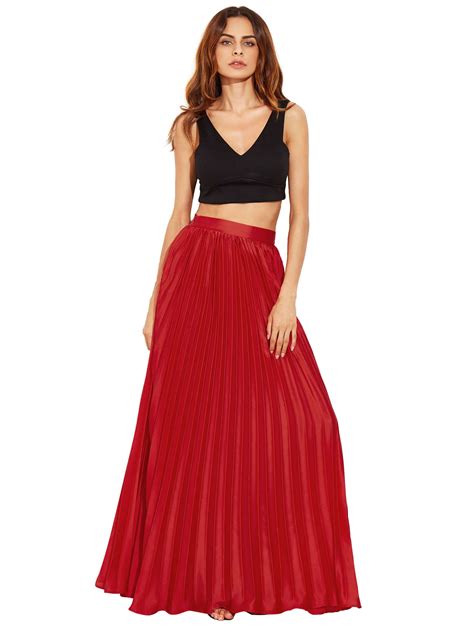 Crimson Zipper Side Pleated Flare Maxi Skirt Sheinsheinside