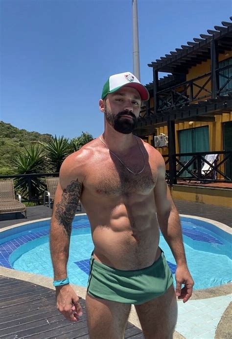 Shirtless Male Muscular Hairy Chest Pool Hunk Bearded Beefcake Photo