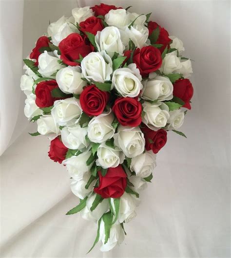 Silk Wedding Bouquet Red White Rose Bud Roses Teardrop Artificial