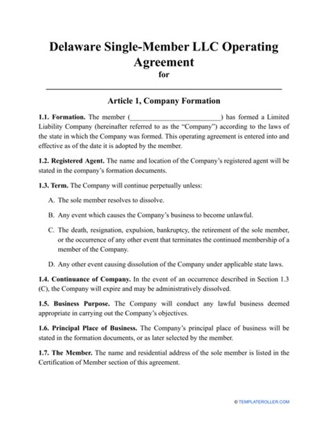 Delaware Single Member Llc Operating Agreement Template Fill Out