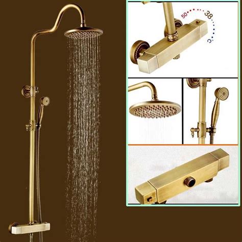 Brass Antique Bathroom Two Handle Shower Thermostatic Faucet Set Wall