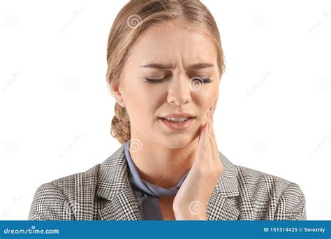 Young Woman Suffering From Tooth Ache On White Background Stock Image