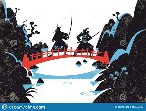 Japanese Samurai Warriors Fight With Katana Sword Illustration Stock