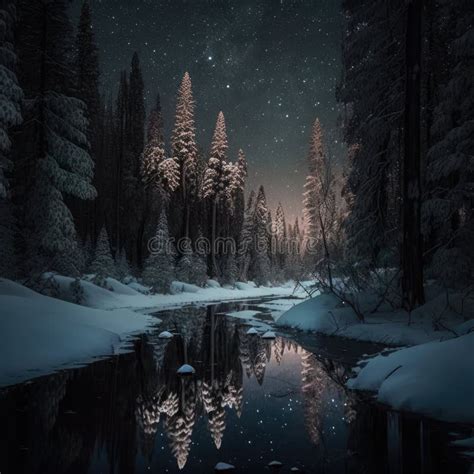 Frosty Reflections In The Night Winter Landscape In The Mountains With