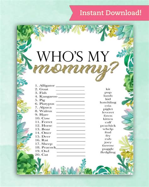 Baby Shower Game Who Is My Mommy Succulent Green Printable Digital