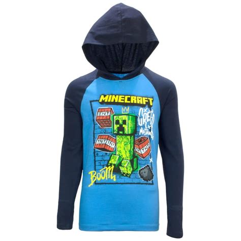 Minecraft Boys Long Sleeve Creeper Hoodie Tee Blue Sizes 4 16