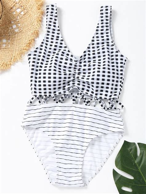 Plaid Stripe One Piece Swimsuit Trendy Plus Size Clothing Plus Size