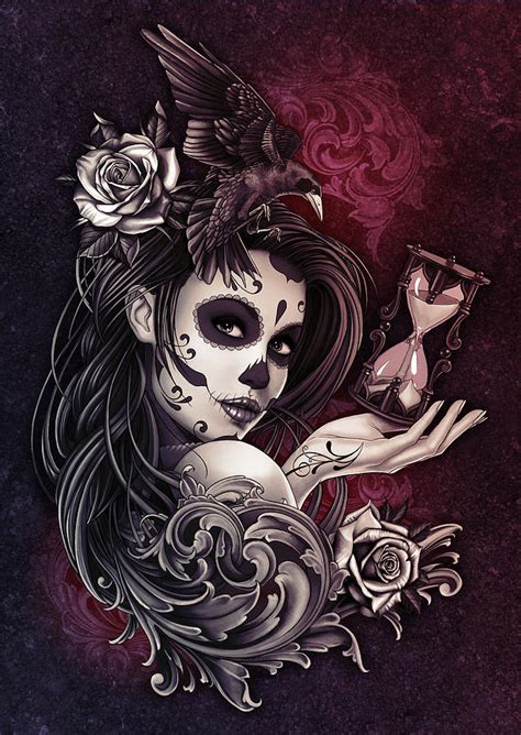 Tattoo Style Sugar Skull Girl With Bird Digital Art By Ben Krefta Pixels