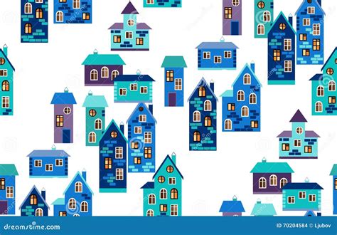 Seamless Pattern With Houses Cute Cartoon City Map In Blue Tones Stock