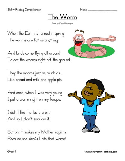 Reading Comprehension Worksheet The Worm