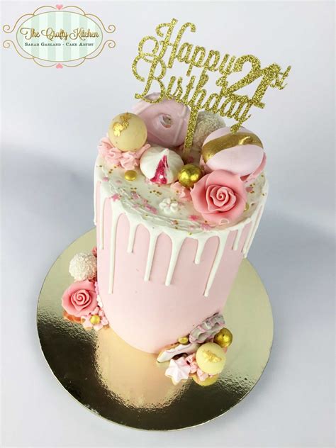 A Pink And White Buttercream Drip Cake With Gold Accents Gold Birthday