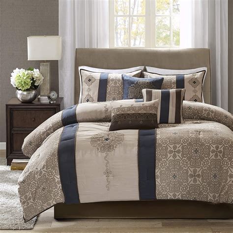 Madison Park Donovan King Size Bed Comforter Set Bed In A Bag Taupe Navy Jacquard Pattern