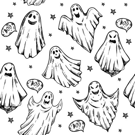 Seamless Pattern Of Hand Drawn Ghosts Scary White Ghosts Happy