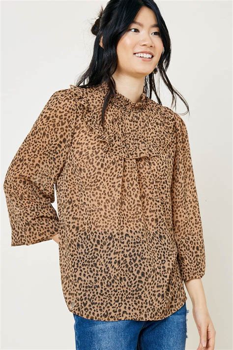 Womens Leopard Smock Neck Top Knitted Tshirt Smocking Mini Shirt Dress