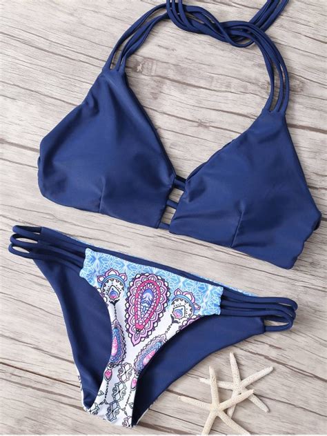 cutout print strappy bikini set in purplish blue zaful 2023