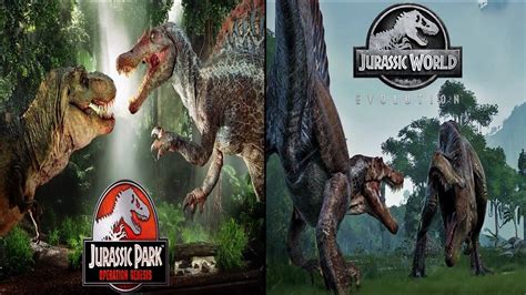 T Rex Vs Spinosaurus Fight I Jurassic Park Vs World Evolution Side By