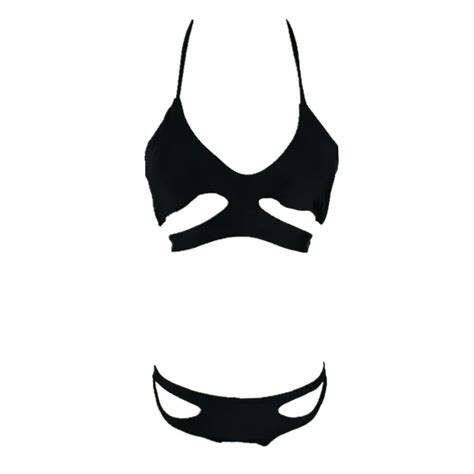2016 women cut out sexy black bikini set hollow out swimsuit summer brazilian bandeau swimwear