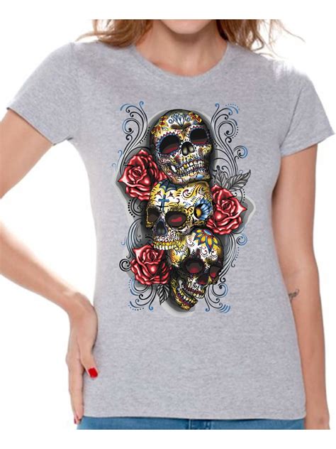 sugar skull graphic short sleeve skulls with flowers casual o neck tee tops for female knits