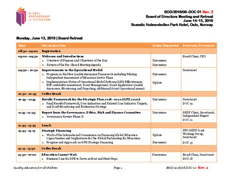 The agenda should be distributed in advance of a meeting, minimally 24 hours in advance so that participants have the opportunity to prepare for the meeting. 1 - Board meeting agenda. June 2016 | Documents | Global ...