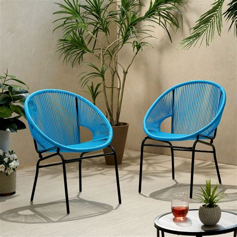 Hayk Outdoor Modern Faux Rattan Club Chair Set Of 2 Blue And Black