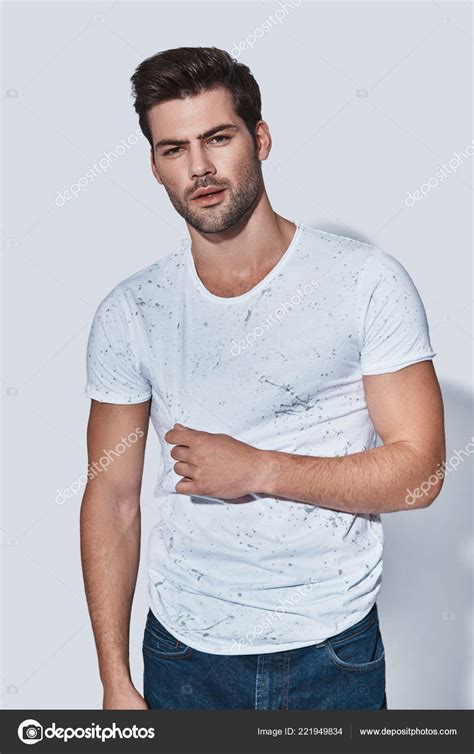Handsome Caucasian Man Casual Wear Looking Camera While Standing Grey Stock Photo By