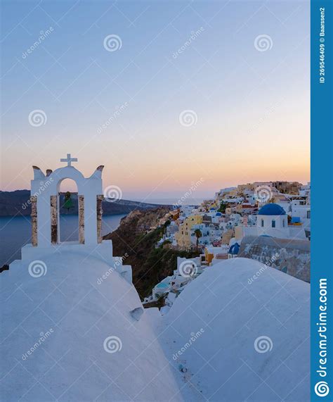 White Churches An Blue Domes By The Ocean Of Oia Santorini Greece